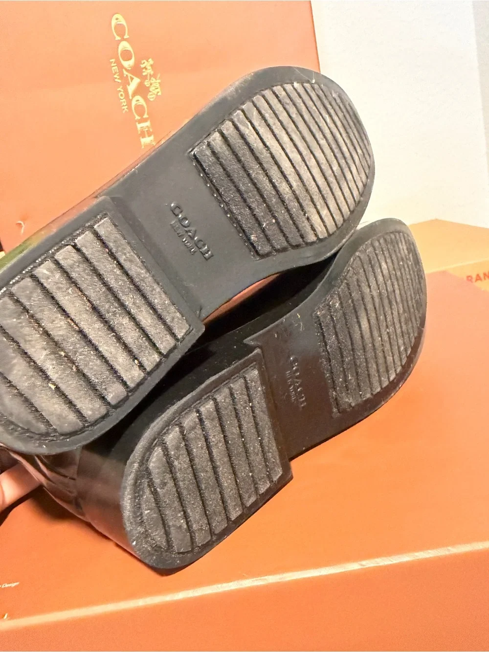 Coach Black Rain Boots with Tan Strap and Gold Accent